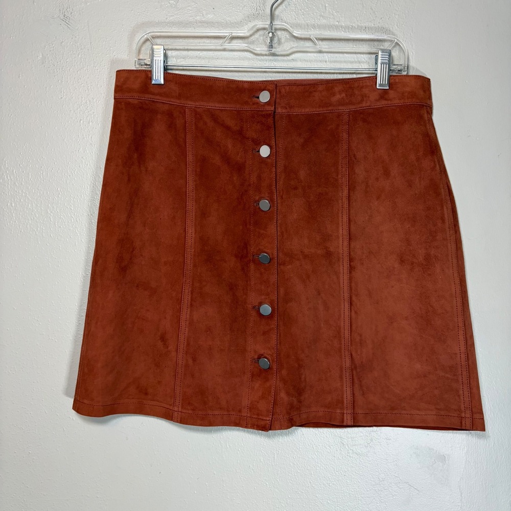 Theory Sinall Perfect Suede Lamb Leather Button Front Mini Skirt Rust Brown 10